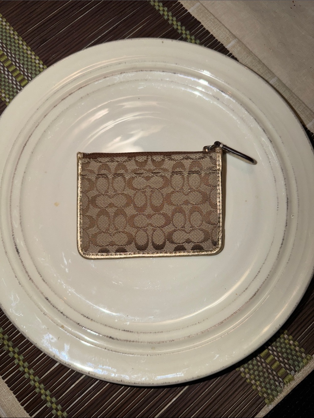 Coach Signature Zip Card Case in Tan with Gold Trim